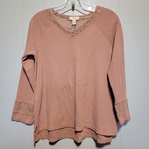 Cupio Blush Womens Waffle Knit Lace Trim V-Neck Top Bella Blush Pink MXIY889 S